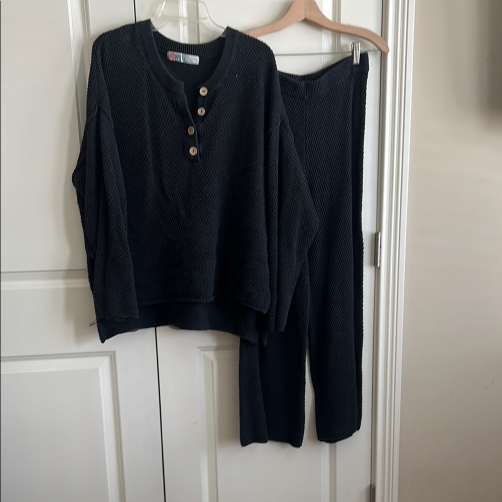 Free People Black Waffle-Knit Henley Top & Pants Set
